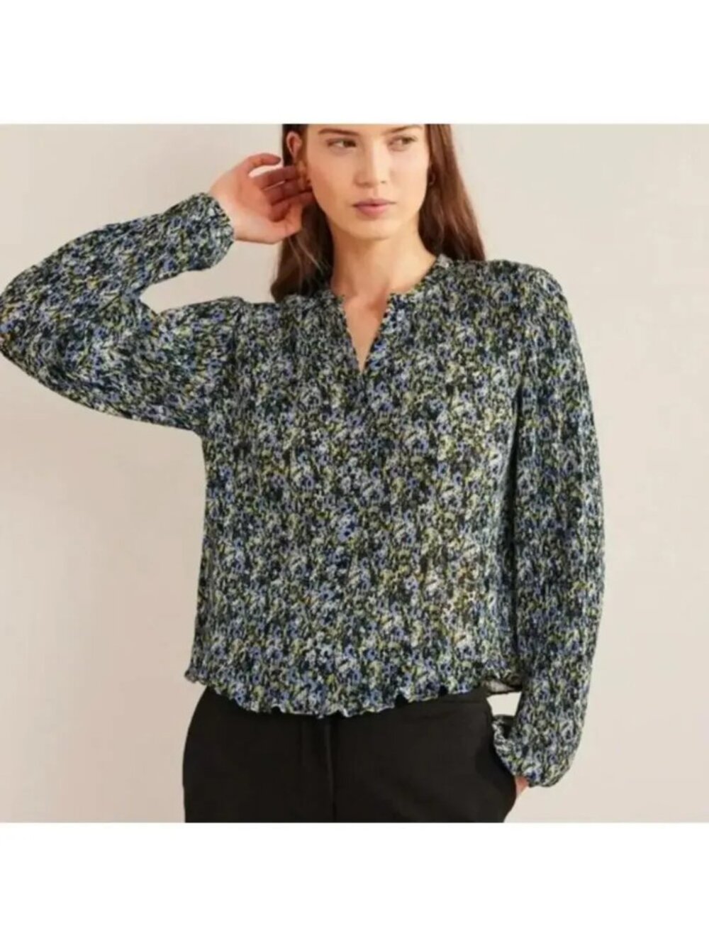 NWT Boden Floral Long Sleeve Crinkle Blouse, Size 14